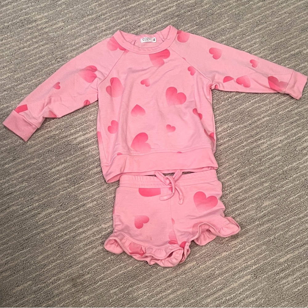 Cosi Baby Girl Pink Heart matching set | Long Sleeve top Ruffle Shorts | 12-18M